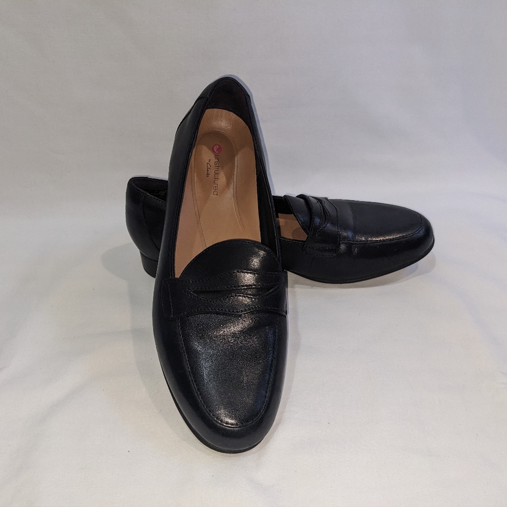 Clarks Unstructured Black Leather Penny Loafers Size 7 - Picture 10 of 13